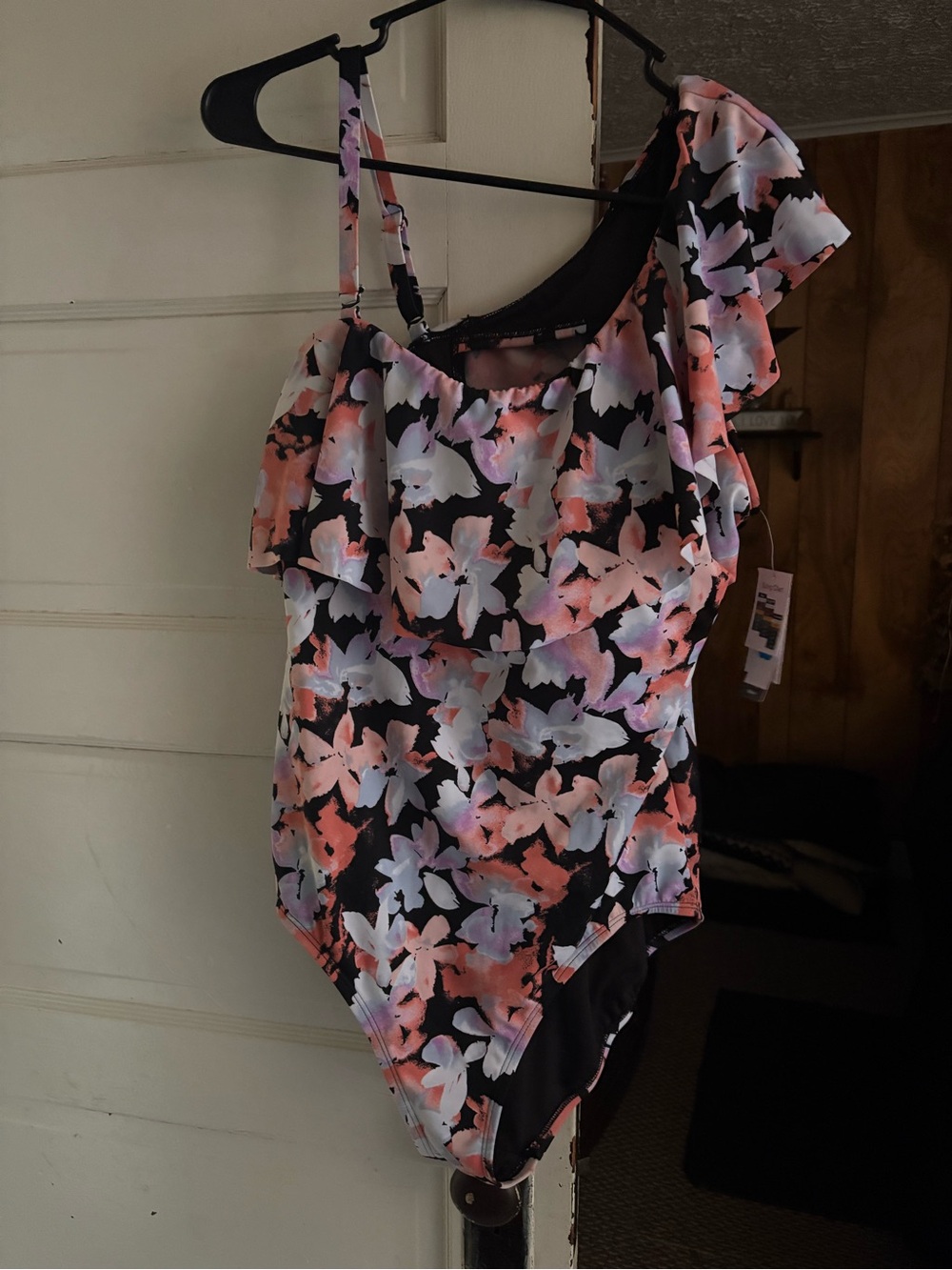 Floral Ruffle One-Shoulder Women’s One-Piece Swimsuit - Black & Pink Floral